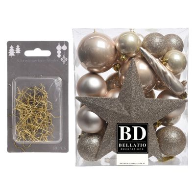 33x stuks kunststof kerstballen met ster piek parel/champagne inclusief gouden kerstboomhaakjes