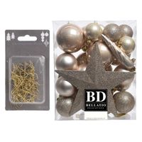 33x stuks kunststof kerstballen met ster piek parel/champagne inclusief gouden kerstboomhaakjes