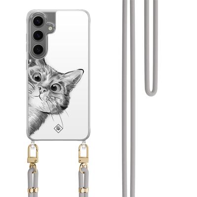 Samsung Galaxy S24 Plus hoesje met grijs koord - Peekaboo kat
