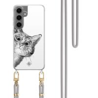 Samsung Galaxy S24 Plus hoesje met grijs koord - Peekaboo kat
