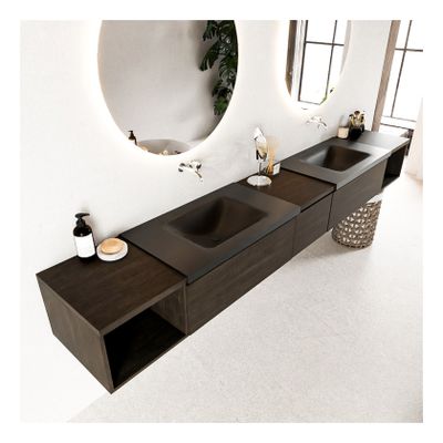 Mondiaz Bukla 280cm badmeubel met open module 40 L+R dark brown 3 lades met wastafel dubbel zonder kraangat kleur urban