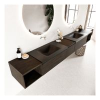 Mondiaz Bukla 280cm badmeubel met open module 40 L+R dark brown 3 lades met wastafel dubbel zonder kraangat kleur urban