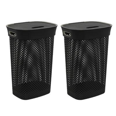 Wasmand met deksel Rotan - 2x - antraciet - gevlochten kunststof - 60 liter - 42 x 33 x 61 cm