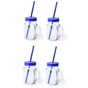 4x stuks glazen Mason Jar drinkbekers blauwe dop/rietje 500 ml