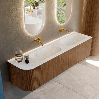 Mondiaz KURVE-DLUX 175 cm Onderkast Greeploos 2 Lades Met Deuren Walnut, Wastafel Solid Surface Rechts Opalo 0 Kraangaten Zonder Spiegel (KRVSTS175L2L1D0KD-Wal/Opa)