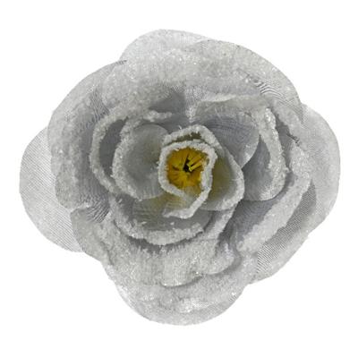 Kerstboomversiering Bloem - 12 cm - zilver glitter - op clip - ornament - roos