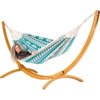 Tweepersoons hangmat met houten standaard - 350x160cm - BlauwGroen - 160kg draagkracht- 100% katoen - binnen & buiten Tweepersoons hangmat met houten standaard - 350x160cm - BlauwGroen - 160kg draagkracht- 100% katoen - binnen & buiten