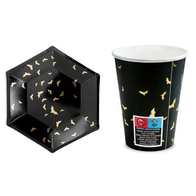 12-delige set Halloween - bordjes en bekertjes - papier - vleermuizen - zwart/goud