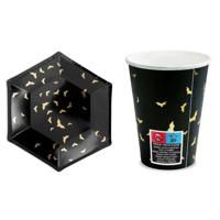 12-delige set Halloween - bordjes en bekertjes - papier - vleermuizen - zwart/goud
