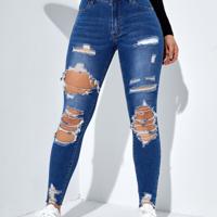 Bon&Bon Women's High Waist Skinny Jeans - Ripped Light Grey Denim Medium Wash-6 / XS