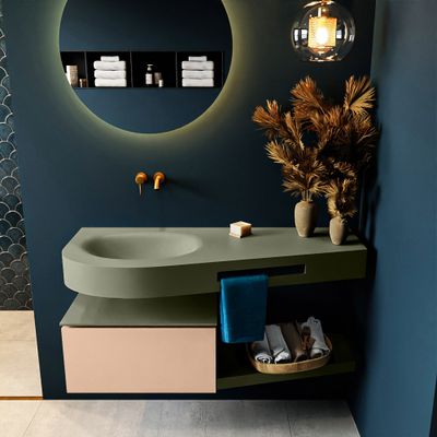 MONDIAZ RIVA 120cm badmeubel onderkast / planchet kleur Rosee met 1 lade. Wastafel DULCET links 0 kraangaten kleur Army. MONDIAZ RIVA 120cm badmeubel onderkast / planchet kleur Rosee met 1 lade. Wastafel DULCET links 0 kraangaten kleur Army.