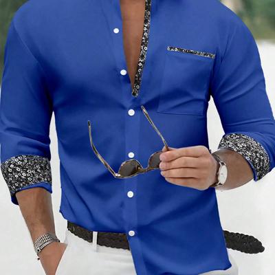 Bon&Bon Men's Yellow Long Sleeve Casual Button-Up Floral Shirt Royal Blue / L