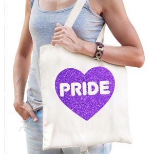 Gay Pride tas voor dames - wit - katoen - 42 x 38 cm - paars glitter hart - LHBTI