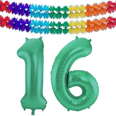 Folat Verjaardag Leeftijd folieballon - 16 jaar - groen - 86 cm - incl 2x slingers