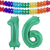 Folat Verjaardag Leeftijd folieballon - 16 jaar - groen - 86 cm - incl 2x slingers