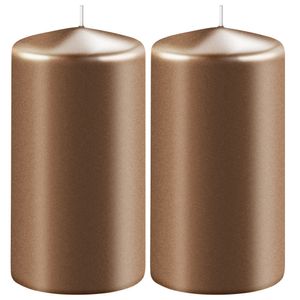 2x Metallic koperen cilinderkaarsen/stompkaarsen 6 x 8 cm 27 branduren