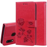Voor Galaxy A20e ingedrukt afdrukken Rose patroon horizontale Flip PU lederen draagtas met houder & kaartsleuven & portemonnee (rood)