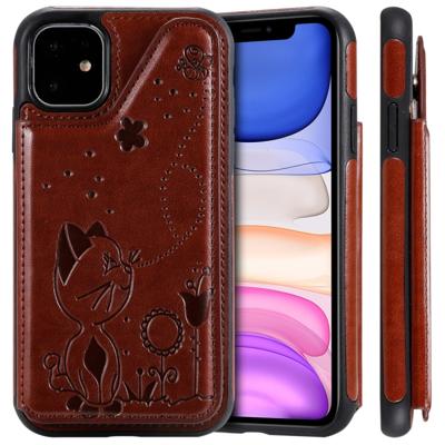 Voor iPhone 11 kat Bee reliëf patroon schokbestendige beschermhoes met kaartsleuven & fotolijstjes (bruin)