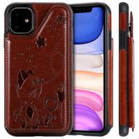 Voor iPhone 11 kat Bee reliëf patroon schokbestendige beschermhoes met kaartsleuven & fotolijstjes (bruin)