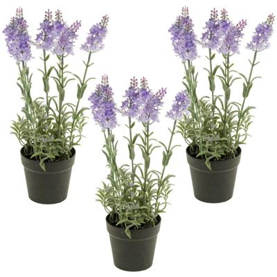 Kunstplant Lavendel - Set van 3x stuks - lila paars - 28 cm - in pot - Lavandula - nepplant - kamerp