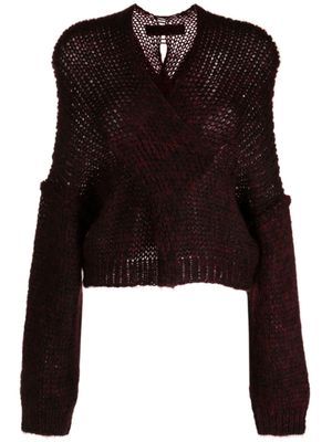 Isabel Benenato pull en maille ajourée à col v - Rouge