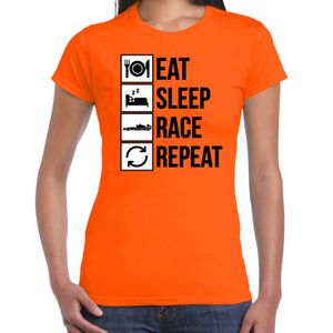 Eat sleep race repeat supporter / race fan t-shirt oranje voor dames