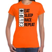 Eat sleep race repeat supporter / race fan t-shirt oranje voor dames - thumbnail