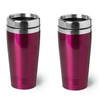 2x stuks isoleerbeker RVS metallic fuchsia roze 450 ml - Thermosbeker - thumbnail