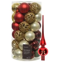 Kunststof kerstballen 37x st - rood/goud/parel/groen - 6 cm - met glazen piek rood