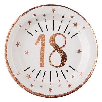 Verjaardag feest bordjes leeftijd - 10x - 18 jaar - rose goud - karton - 22 cm - rond