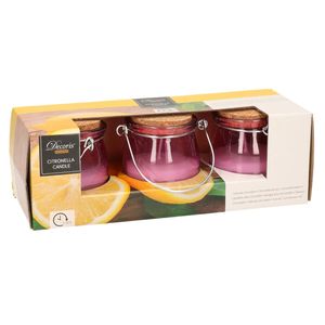 Set van 3x stuks anti muggen Citronella kaars in paars glazen potje - geurkaarsen