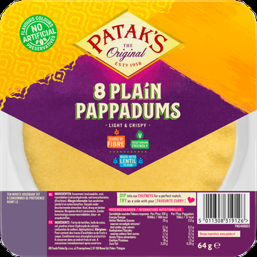 Patak&apos;s Pappadums Naturel KantenKlaar 8 Stuks 64 g bij Jumbo