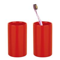 Badkamer drinkbeker/tandenborstelhouder Sienna - 2x - porselein - glans rood - 7 x 11 cm