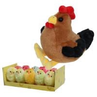 Pluche kip knuffel - 15 cm - multi kleuren - met 10x kuikens 5 cm - kippen familie - thumbnail