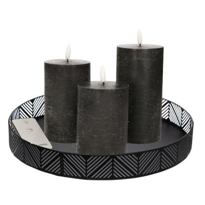 Anna Collection LED kaarsen - 3x stuks - zwart - met rond dienblad - kaarsenbord - D29 cm