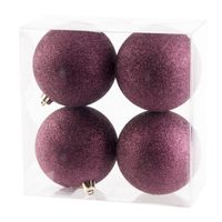 4x stuks kunststof glitter kerstballen aubergine roze 10 cm - Kerstbal - thumbnail