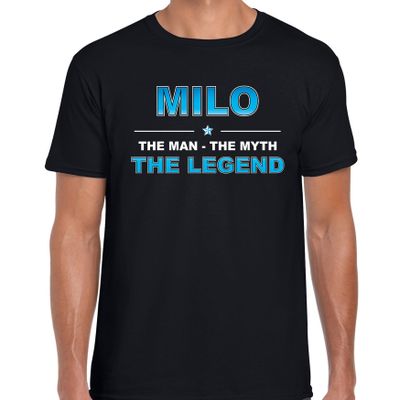 Naam cadeau t-shirt Milo - the legend zwart voor heren