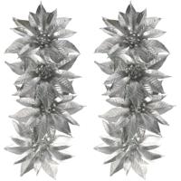 Decoratie bloemen - op clip - 8x - zilver - 9,5 cm - kunststof - kerstbloemen