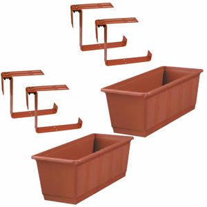 Set van 4 kunststof plantenbakken terracotta rechthoekig 40 cm met 8 verstelbare railingbeugels