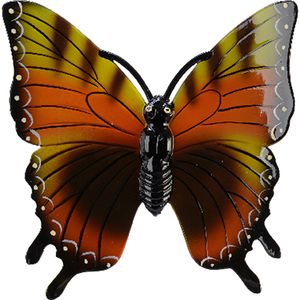 Tuin/schutting decoratie vlinder - kunststof - geeloranje - 24 x 24 cm   -