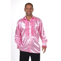 Satijnen roze blouse met rouches - thumbnail