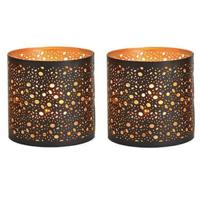 Waxinelichthouder - 2x - voor theelichtjes - zwart met goud - 13 cm - Kaarsenhouders/lantaarns