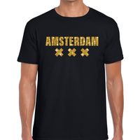 Amsterdam gouden glitter tekst t-shirt zwart heren - thumbnail