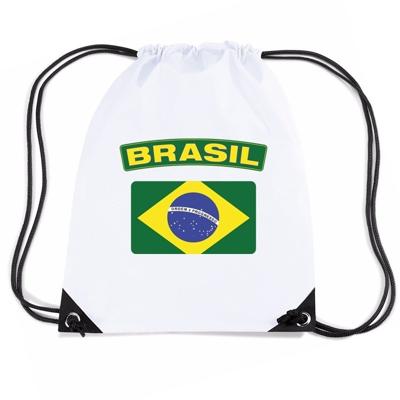 Brazilie thema sporttas - nylon rijgkoord rugzak - wit met vlag print - supporters