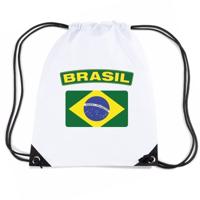 Brazilie thema sporttas - nylon rijgkoord rugzak - wit met vlag print - supporters
