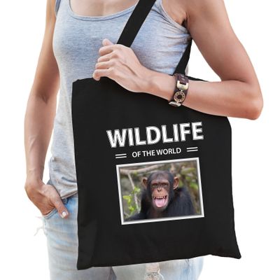 Katoenen tasje Apen zwart - wildlife of the world Chimpansee aap cadeau tas