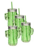 Glazen cactus drinkglas met deksel en rietje 350ml lichtgroen - 4 stuks
