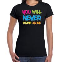 Foute party t-shirt voor dames - you will never drink alone - zwart - carnaval/themafeest - thumbnail