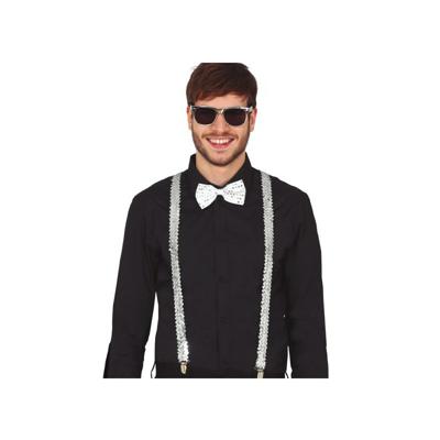 Carnaval verkleed set - bretels/party bril/vlinderstrikje - zilver - volwassenen/heren/dames