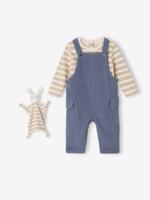 Babyset met T-shirt met lange mouwen + salopet + knuffel grijsblauw